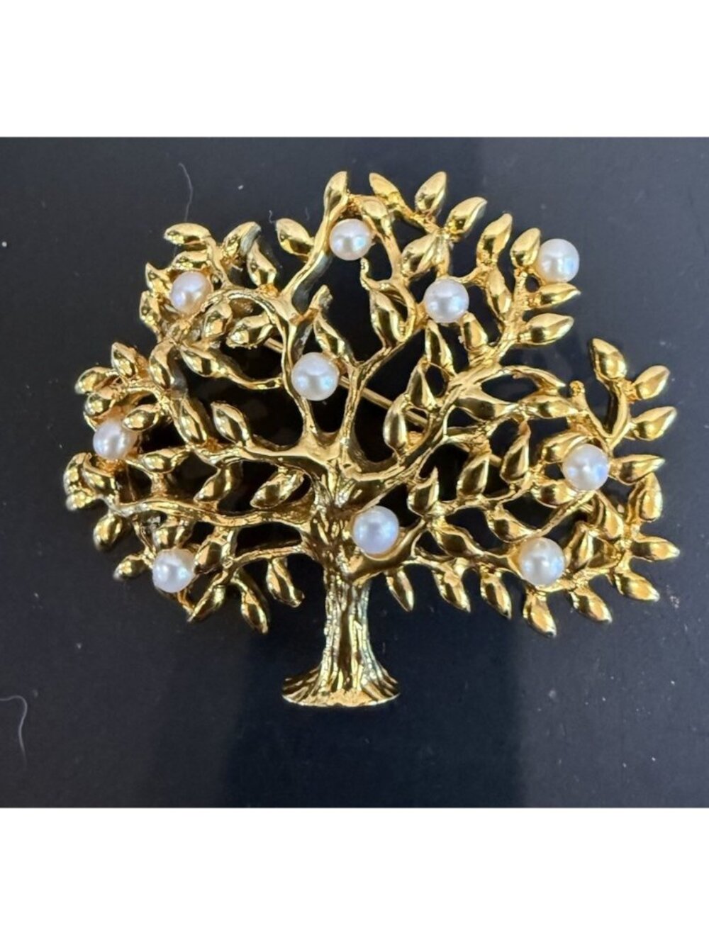 SHERMAN GOLD-PLATED w 10 WHITE PEARLS "TREE OF LIFE" BROOCH PIN 2” READ